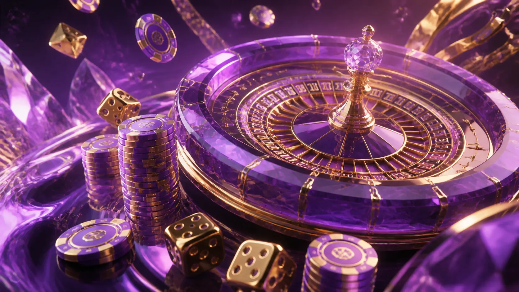 Luxury casino theme banner with floating poker chips, diamonds, and glowing dice, conveying Crystalroll brand elegance.