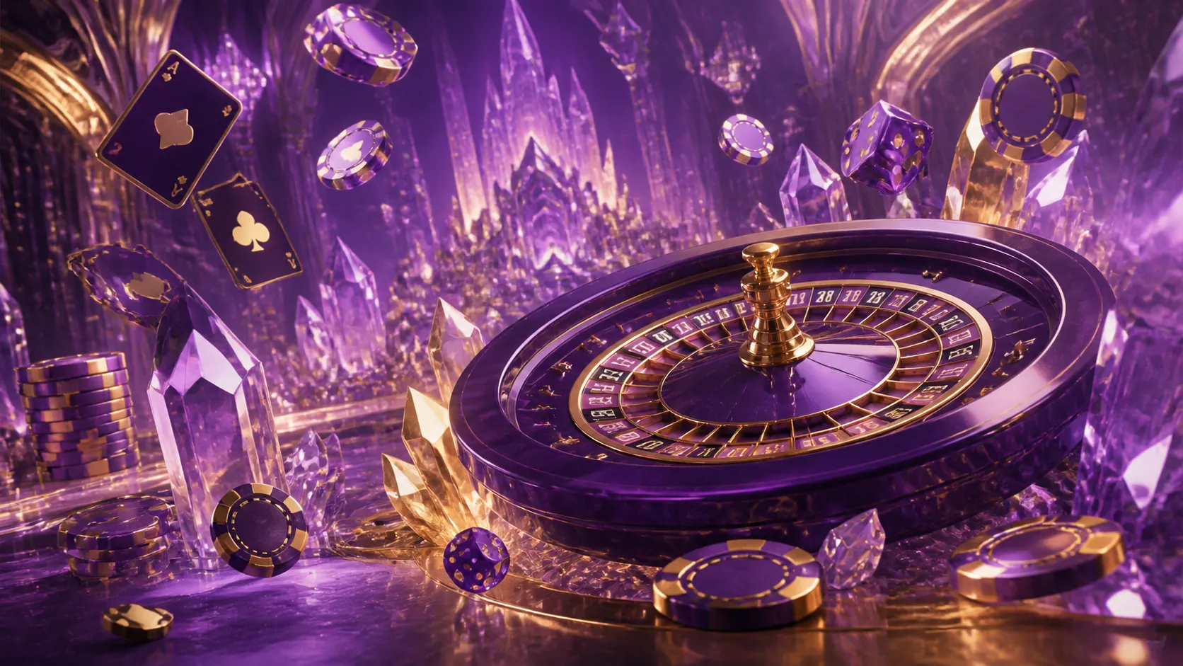 Luxury casino-themed banner for Crystalroll with poker chips, roulette wheel, and gemstones in premium style